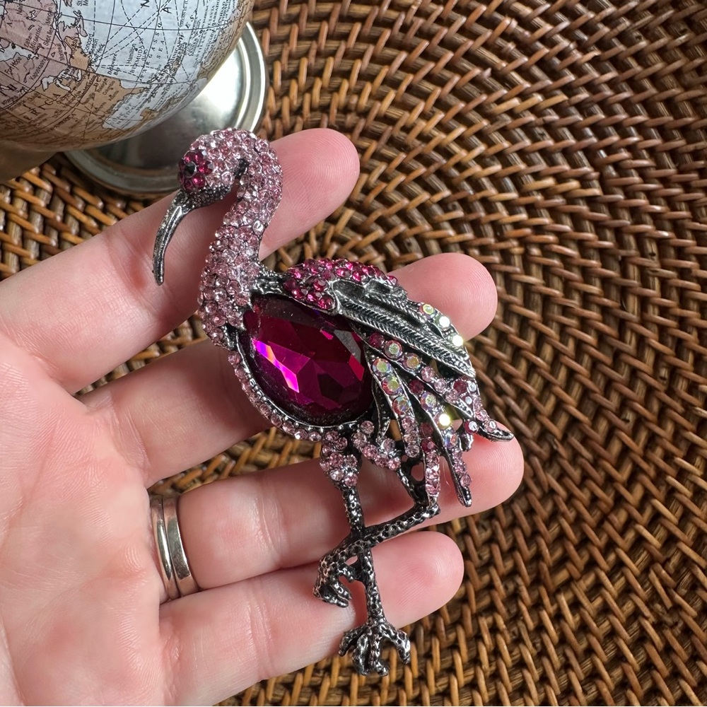 Vintage Jeweled Flamingo 4” Brooch Pendant Pin